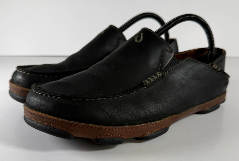 OluKai Moloa Men's 8 Black Toffee Leather Slip On Loafers 10128-4033